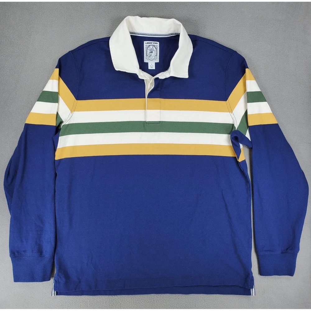 Lands End Shirt Mens Size L Rugby Polo Navy Striped Heavyweight Cotton Preppy